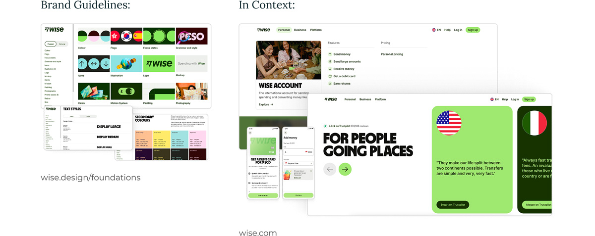 A collection of screenshots showing the Wise brand guidelines and how it is applied to their digital touchpoints